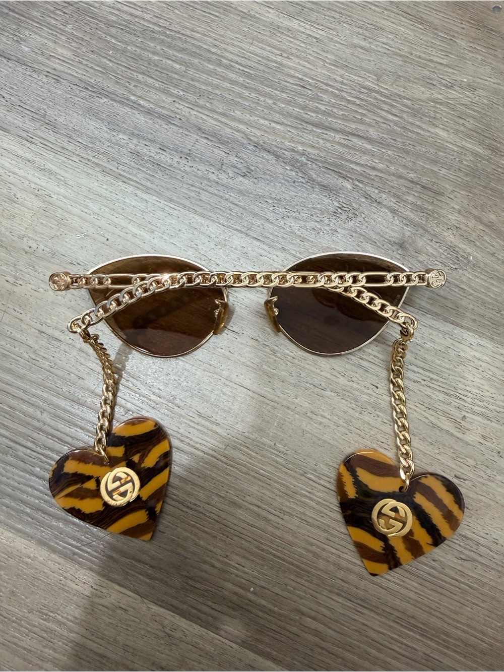 Gucci Gold-Tone Sunglasses with Brown Lenses and Tiger-Print Heart Charms